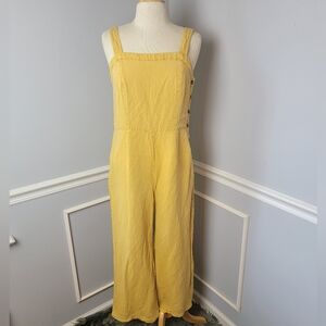 C&C California Yellow Gold Linen Blend Side Button Straight Leg Overall Jumpsuit
